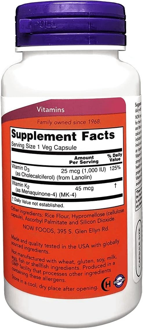 Now Foods, Vitamin D-3 and K2, 120 veg caps